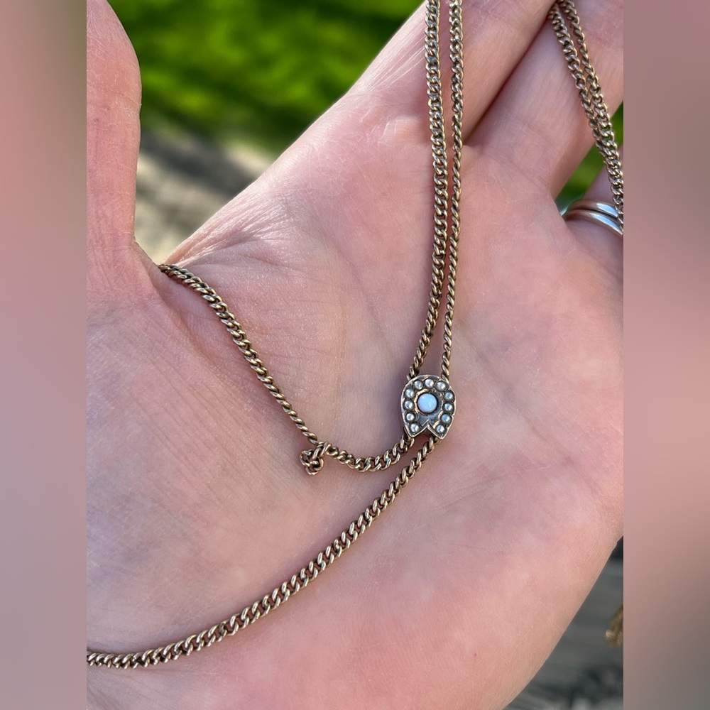 Vintage Gold Filled Curb Watch Chain with Horseshoe Opal Slide Charm- 24” - Picture 8 of 12